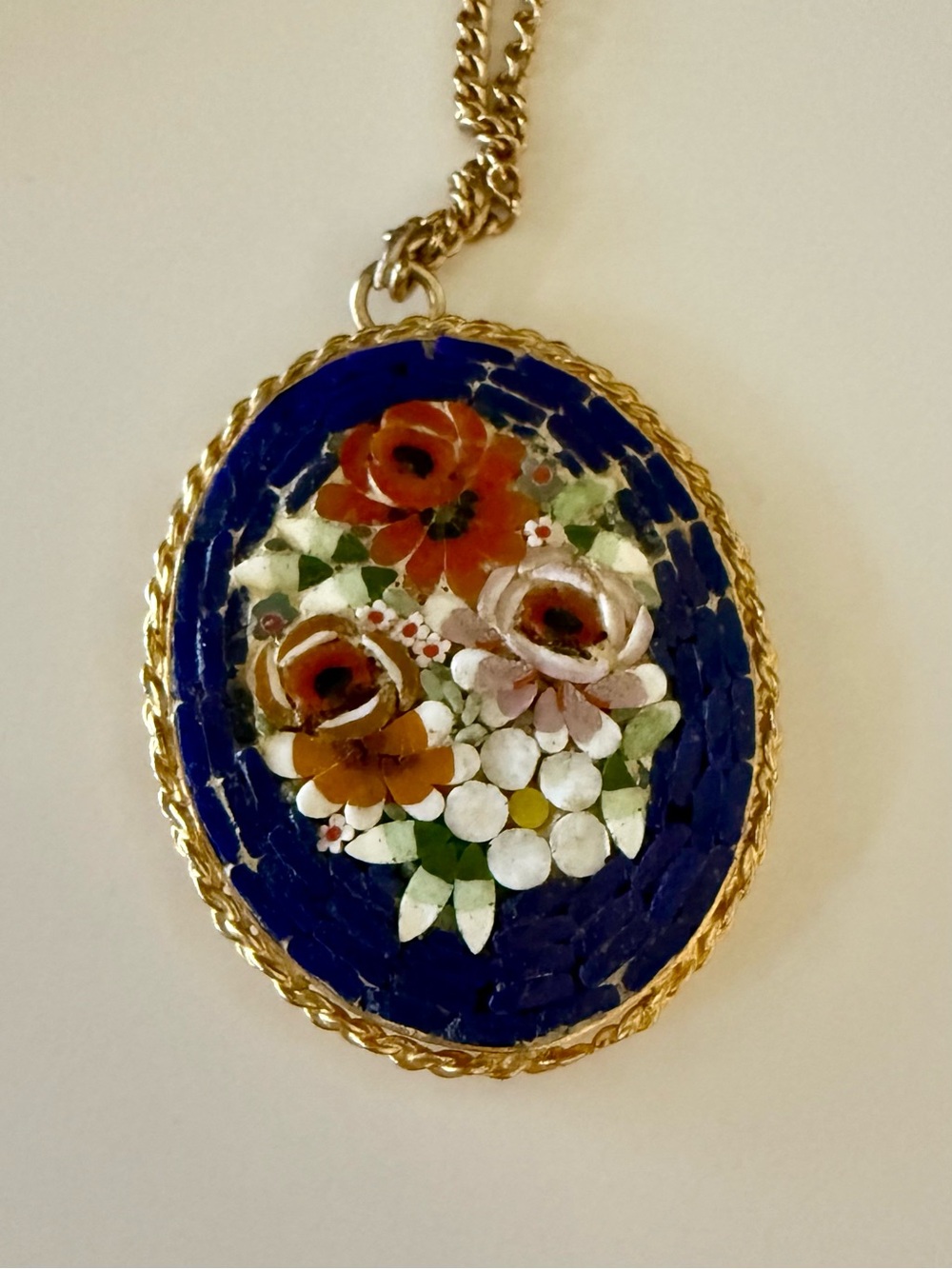 Vintage Floral Micro-Mosaic Pendant Necklace in Blue and Gold